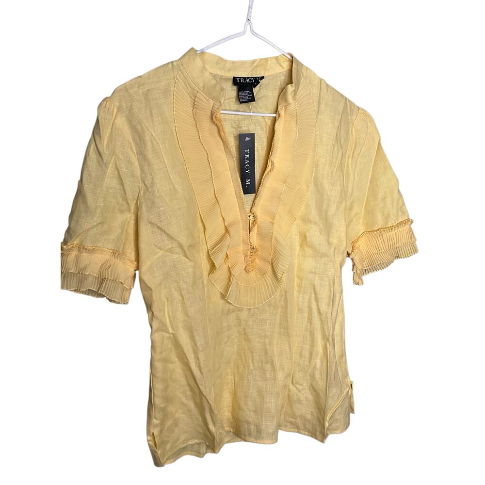 Tracy M. Linen Ruffle Top Short Sleeve V-Neck Pullover Yellow Womens‎ Size L NWT